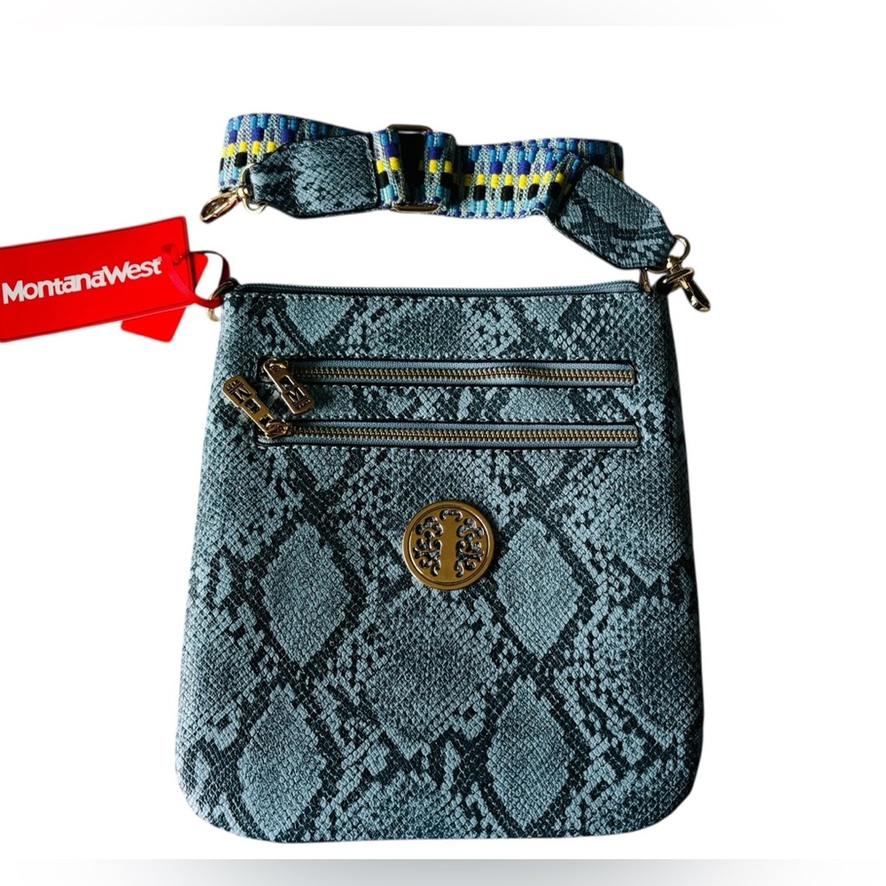 Montana West NWT cross body purse in 2 tone blue. Snake print, approx 10”x9”
